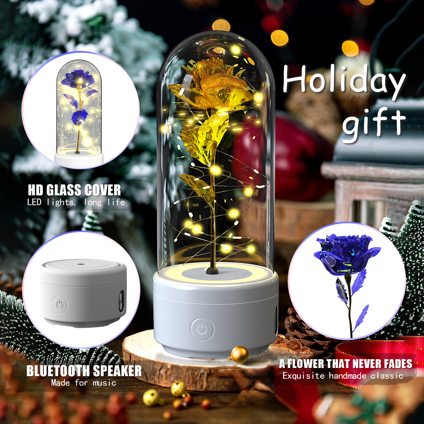 Creative 2 In 1 Rose Flowers LED Light And Bluetooth-compatible Speaker Valentine's Day Gift Rose Luminous Night Light Ornament In Glass Cover - Image 2